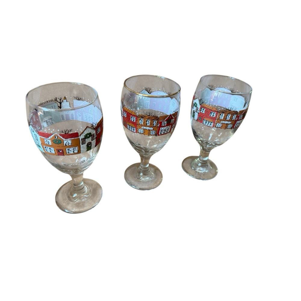 Set of 3 Christmas‎ Village Wine Glasses Holiday Goblets Hand Painted Houses